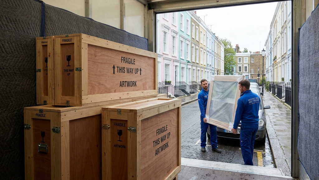 View from inside a padded removal van looking out onto a narrow Notting Hill street lined with colorful, pastel-toned terraced houses. Inside the foreground of the van, several heavy-duty, rigid wooden crates labeled "FRAGILE", "THIS WAY UP", and "ARTWORK" are securely stacked. Outside the open back of the van, two professional movers in matching blue uniforms are carefully carrying a large, protective-wrapped framed artwork down the street.