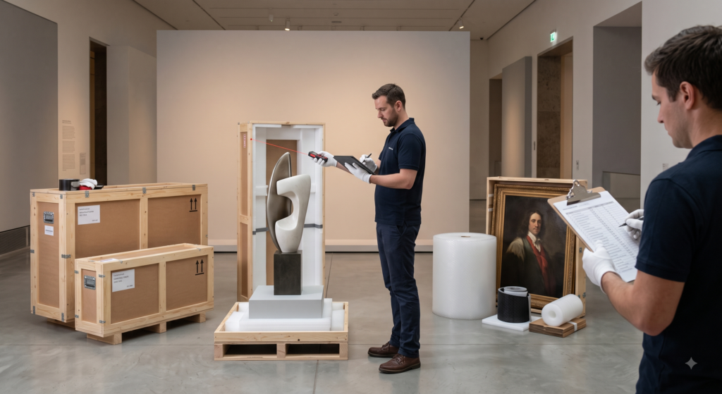 Specialists document a sculpture and survey a gallery hall with lasers amid packing crates for relocation.