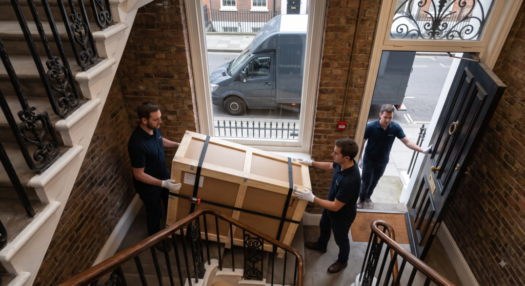 High-angle shot of two handlers carefully navigating a large, padded art crate down a narrow, winding staircase.