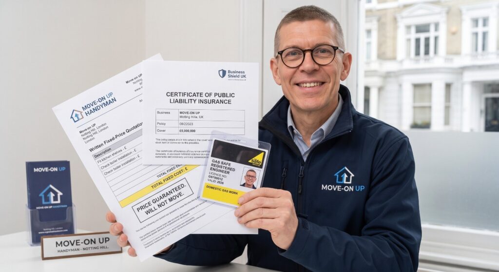 Handyman displaying three essential proofs: a Gas Safe Register card, a public liability insurance certificate, and a detailed fixed-price written quotation.