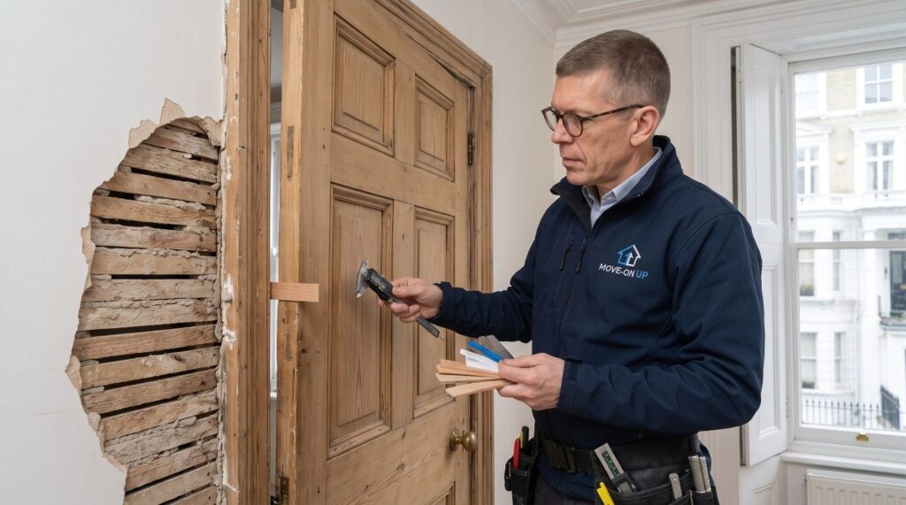 Handyman in Notting Hill expertly adjusting an out-of-square period front door amidst traditional lath and plaster walls.
