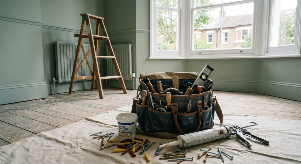 Open handyman tool bag with screws, filler and sealant on a dust sheet during a job in a West London period flat