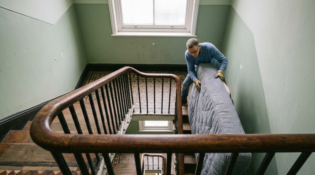 Mover guiding a padded mattress around a turning half landing in a Victorian communal stairwell in West London