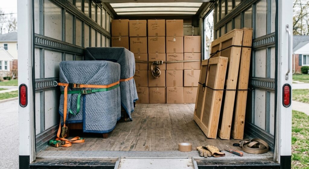 Part-loaded removal van with cartons, strapped furniture and upright picture crates secured behind a load bar