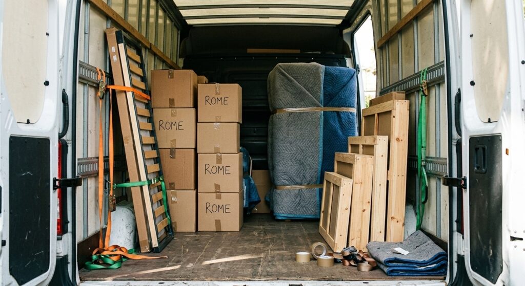 Loaded removal van showing labelled cartons, a dismantled bed frame and blanket-wrapped furniture ready for transit