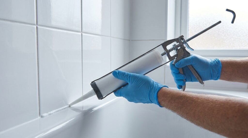 Handyman applying fresh silicone sealant along a bath edge in a small West London bathroom during a maintenance visit