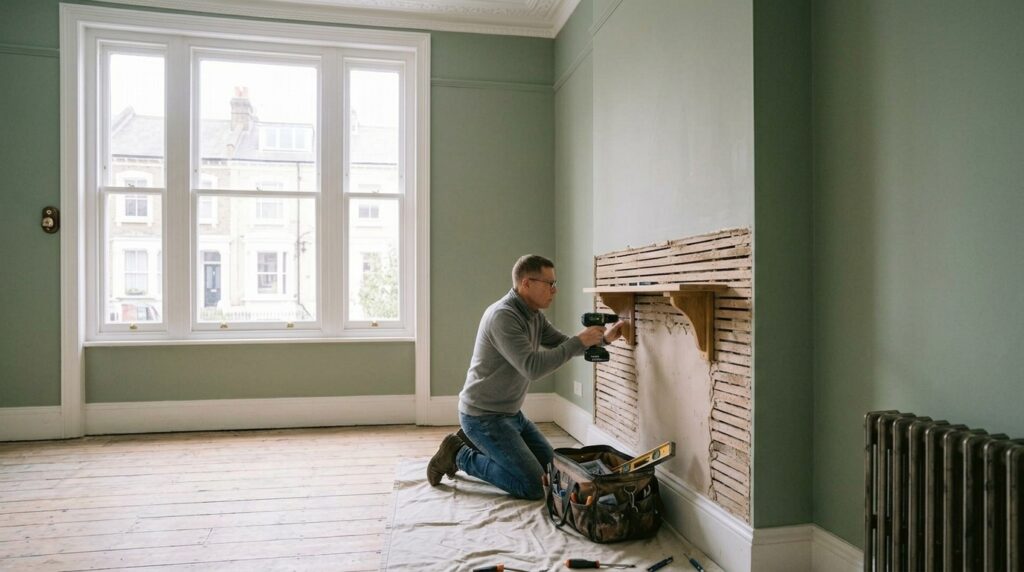 Handyman kneeling on a dust sheet fixing a shelf to a lath and plaster wall in a period Notting Hill flat, West London