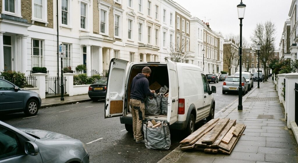 Handyman loading job waste into a van on a permit-controlled Notting Hill street with resident parking signs behind