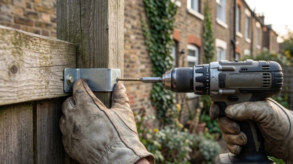 Handyman fixing a fence panel bracket in a communal garden behind Victorian terraces during outdoor repair work