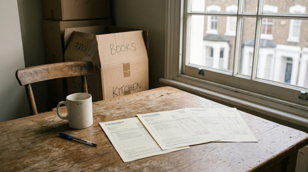 Three printed house removal quotes spread on a kitchen table beside a part-packed carton in a West London flat