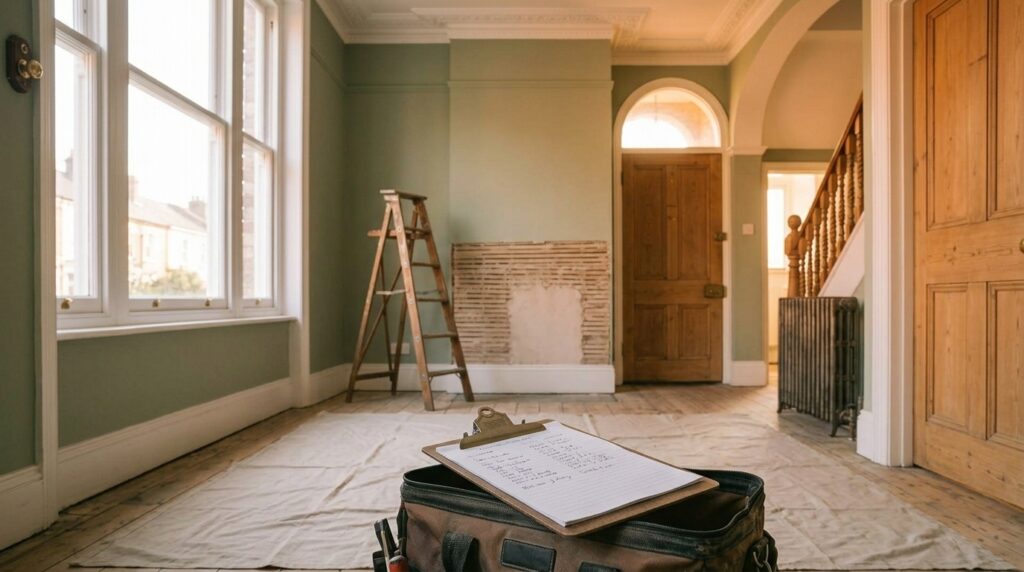 Handyman job list on a clipboard beside a toolbag and stepladder in a Victorian hallway during a home maintenance visit