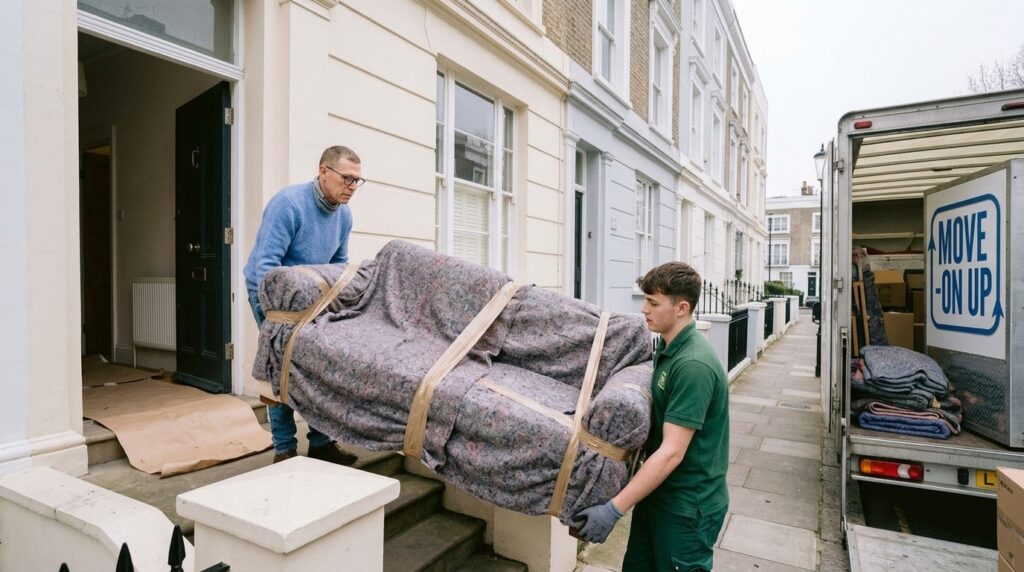 Movers carrying a blanket-wrapped sofa down the steps of a stucco Notting Hill terrace toward an open removal van