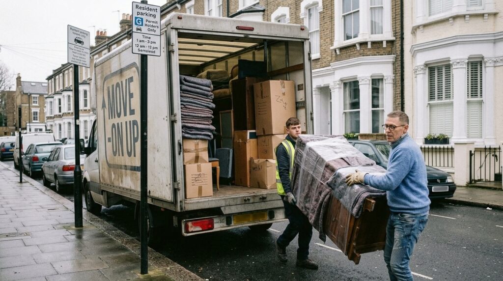 Removal van loading a wrapped wardrobe outside a stucco terrace on a permit-controlled West London residential street