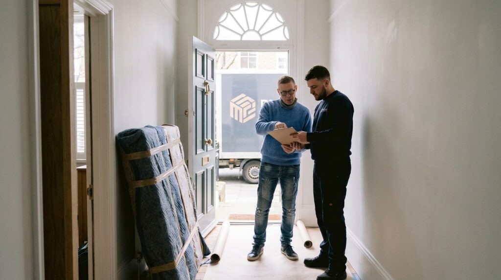 Removal crew and customer checking a written scope on a clipboard in a protected hallway before loading begins