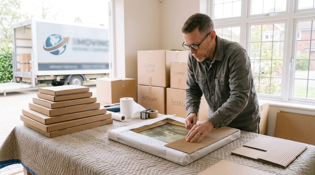 Mover wrapping a framed picture in tissue and board beside flat picture boxes during a professional packing service