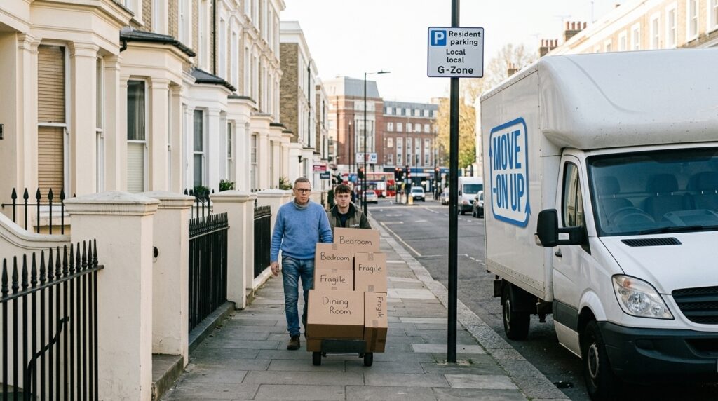 Removal crew wheeling boxes along a West London pavement from a van parked legally on a nearby side street